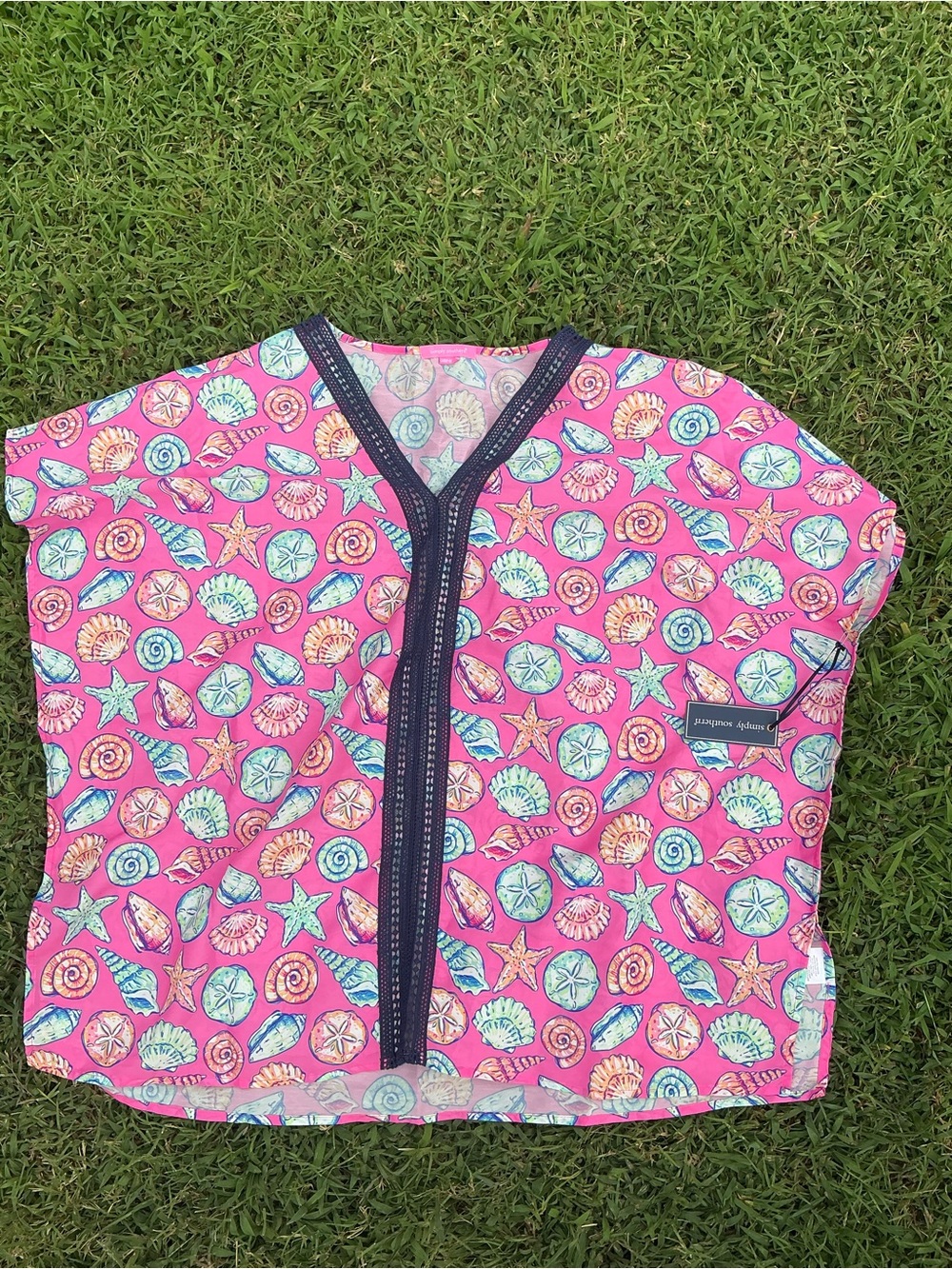Simply Southern Pink Seashell Kids Swim Coverup with Navy Trim